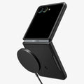ACS11798 - Galaxy Z Flip 8 Series - Core Armor (Mag Fit) showing an angled view of the Galaxy Z Flip 8 with the Core Armor MagFit case, folded open with a MagSafe-style charging puck attached to the textured rear panel.