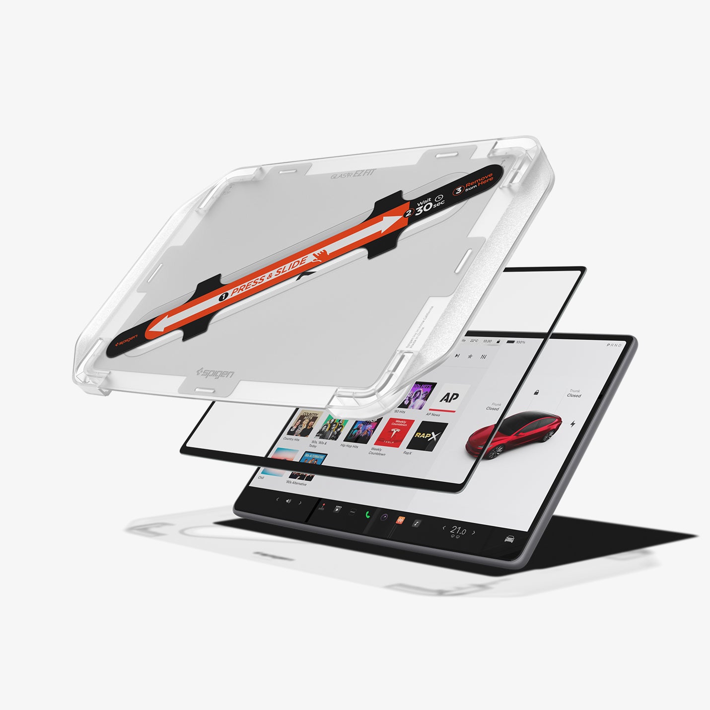 AGL07152 - Model 3 (2024-2025) Highland Screen Protector GLAS.tR EZ Fit | Anti-Glare Highland in Clear Matte showing the 
front installation tray, hovering above the screen protector and the device