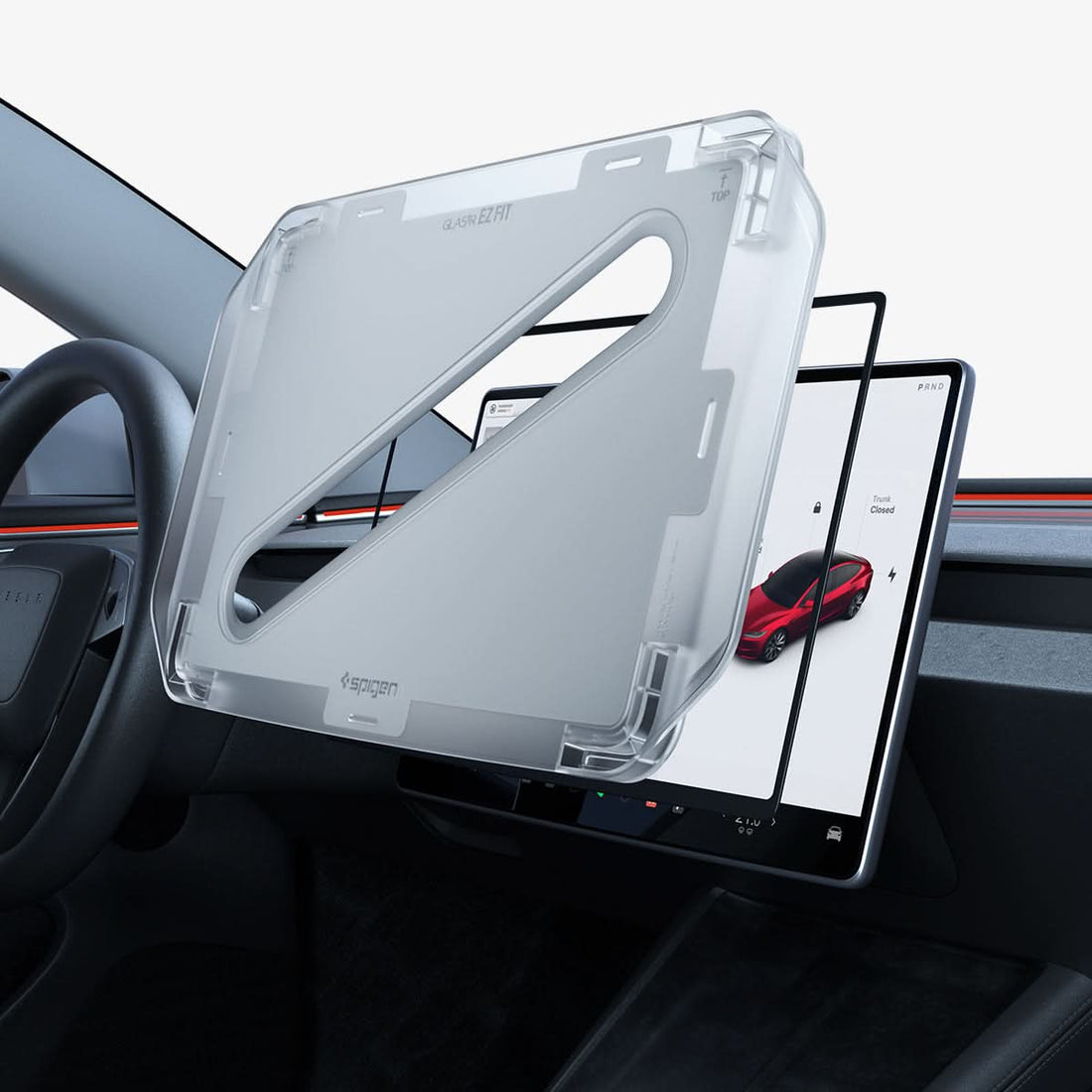 AGL07152 - Model 3 (2024-2025) Highland Screen Protector GLAS.tR EZ Fit | Anti-Glare Highland in Clear Matte showing the front without the tape, hovering in front of the screen protector and the device
