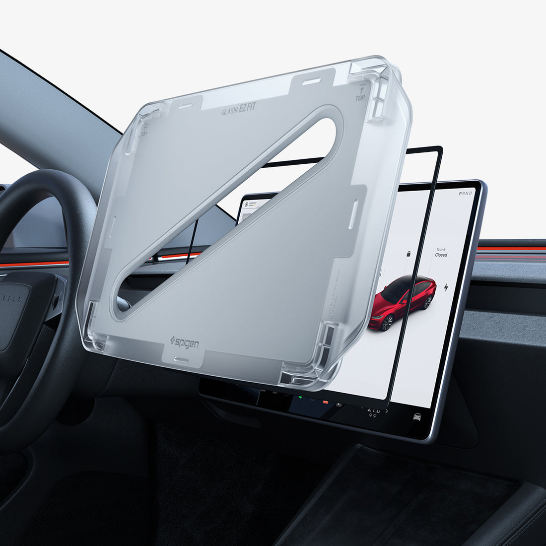 AGL07152 - Model 3 (2024-2025) Highland Screen Protector GLAS.tR EZ Fit | Anti-Glare Highland in Clear Matte showing the front installation tray hovering above the screen protector and the device with the packaging beside it
