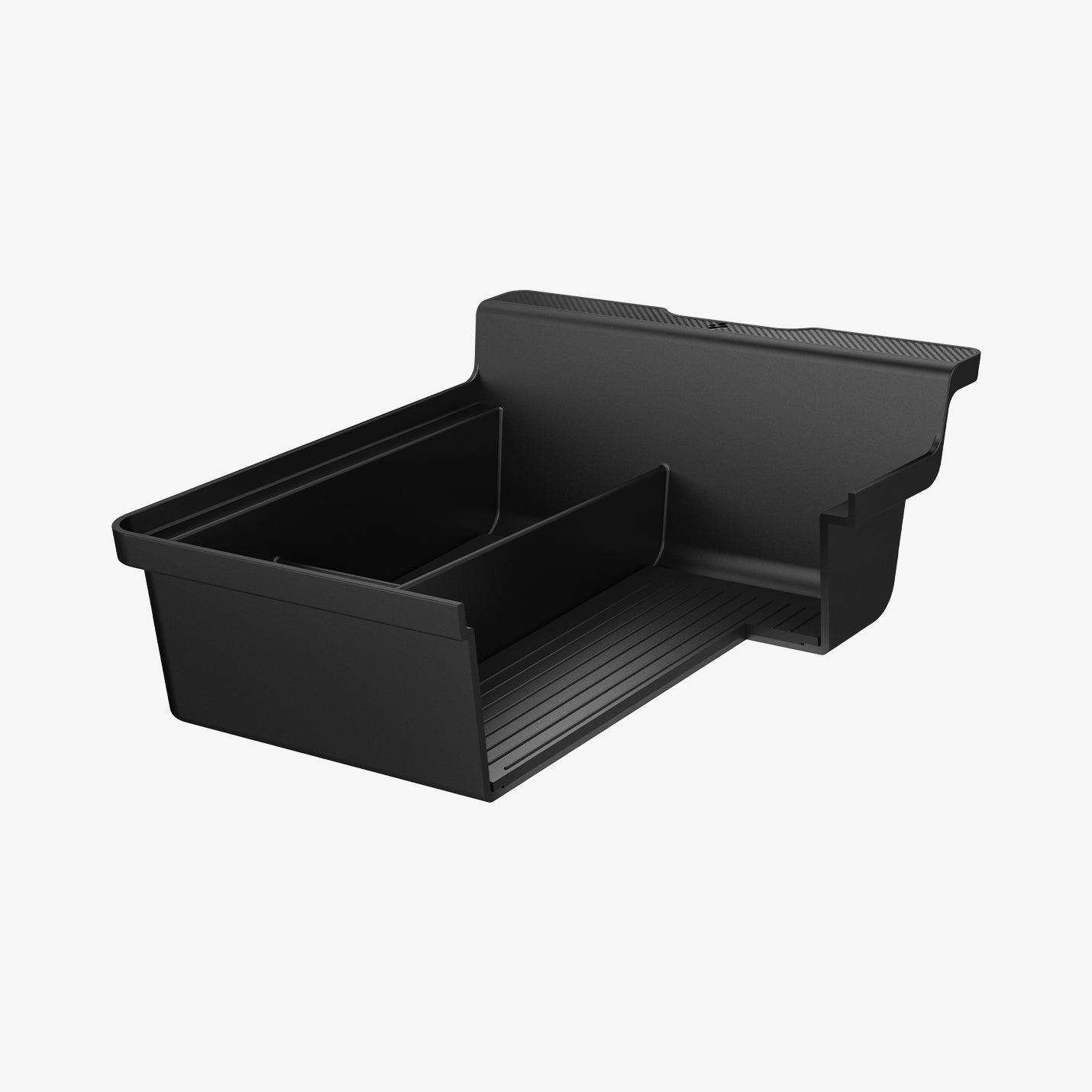 ACP04508 - Tesla Model y & 3 Center Console Organizer Tray in black showing the front and inside with tray cut open