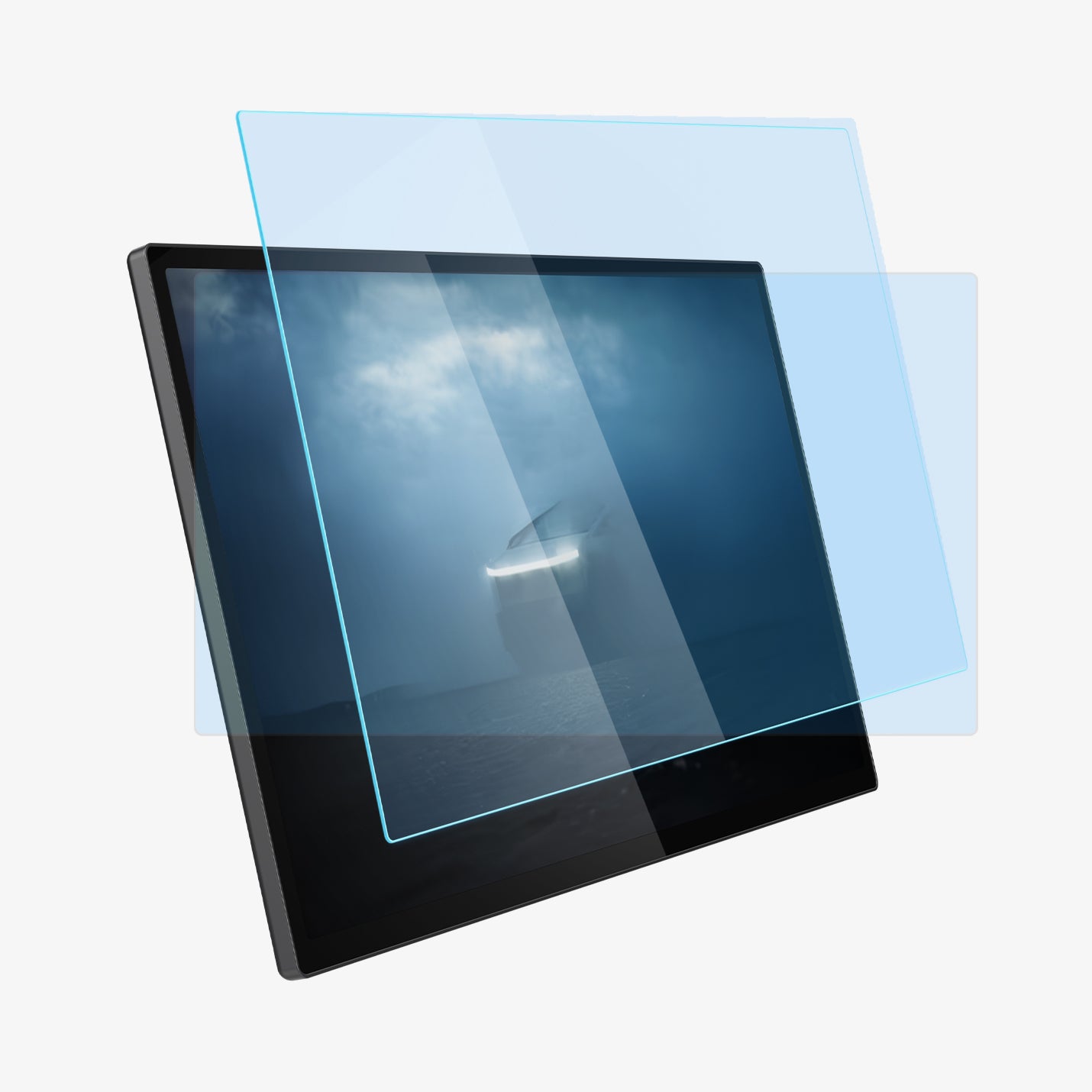 AGL07679 - Tesla Cybertruck (2024) Protector GLAS.tR EZ Fit Anti-Glare in Clear Matte showing the front and side of the screen protector hovering in front of the device