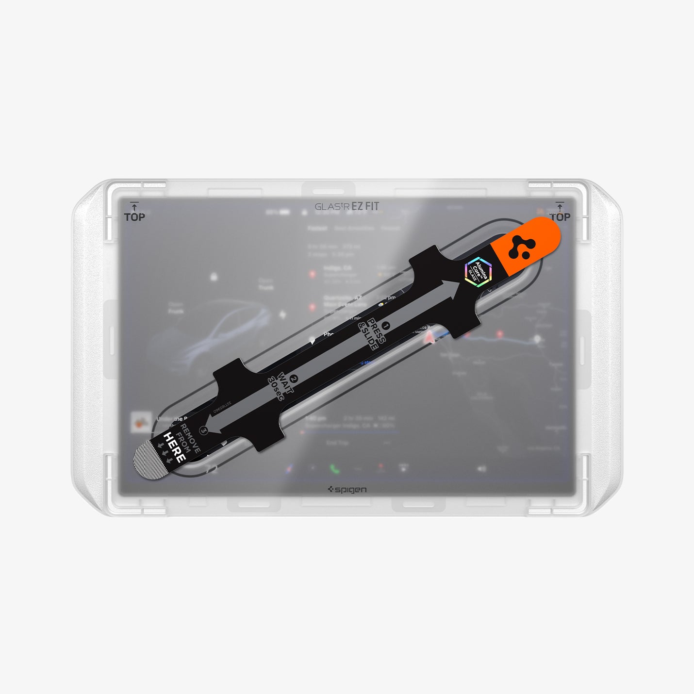 AGL10819 - Model Y Juniper (2025+) Screen Protector GLAS.tR EZ Fit | Anti-Glare 16 inch showing the screen protector hovering in front of the screen monitor