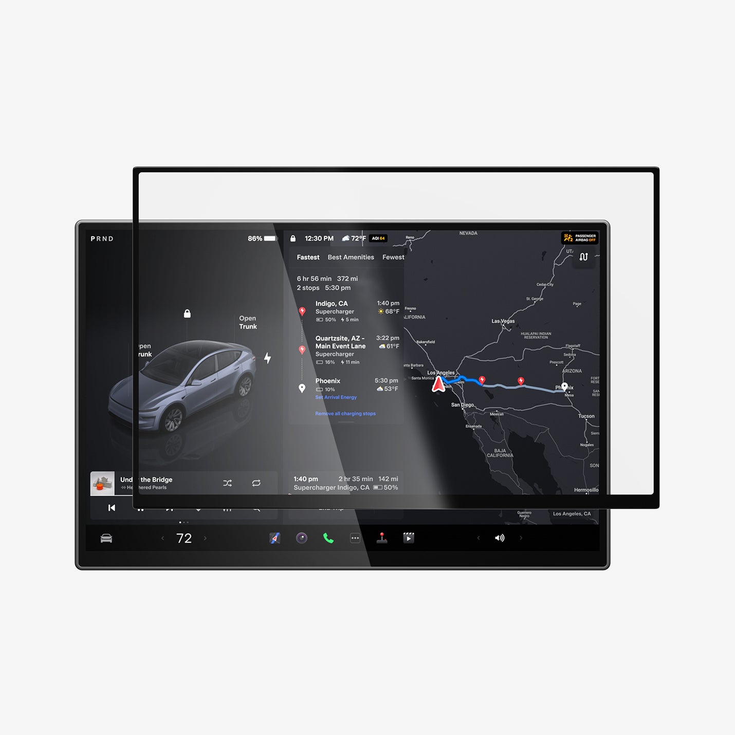 AGL10819 - Model Y Juniper (2025+) Screen Protector GLAS.tR EZ Fit | Anti-Glare 16 inch showing the screen protector hovering in front of the screen monitor