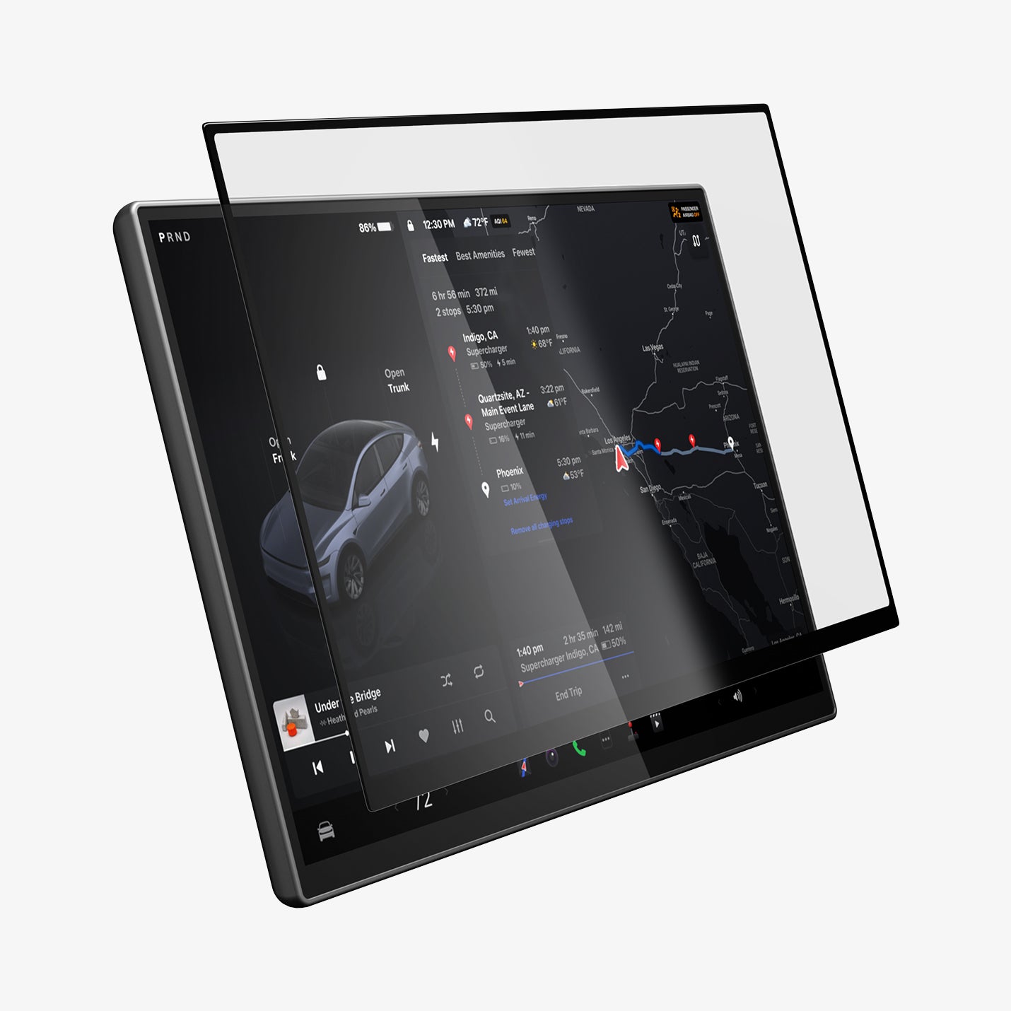 AGL10819 - Model Y Juniper (2025+) Screen Protector GLAS.tR EZ Fit | Anti-Glare 16 inch showing the screen protector hovering in front of the screen monitor