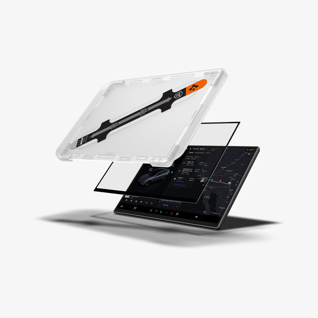 AGL10819 - Model Y Juniper (2025+) Screen Protector GLAS.tR EZ Fit | Anti-Glare 16 inch showing the installation tray hovering above the screen protector and the vehicle monitor screen