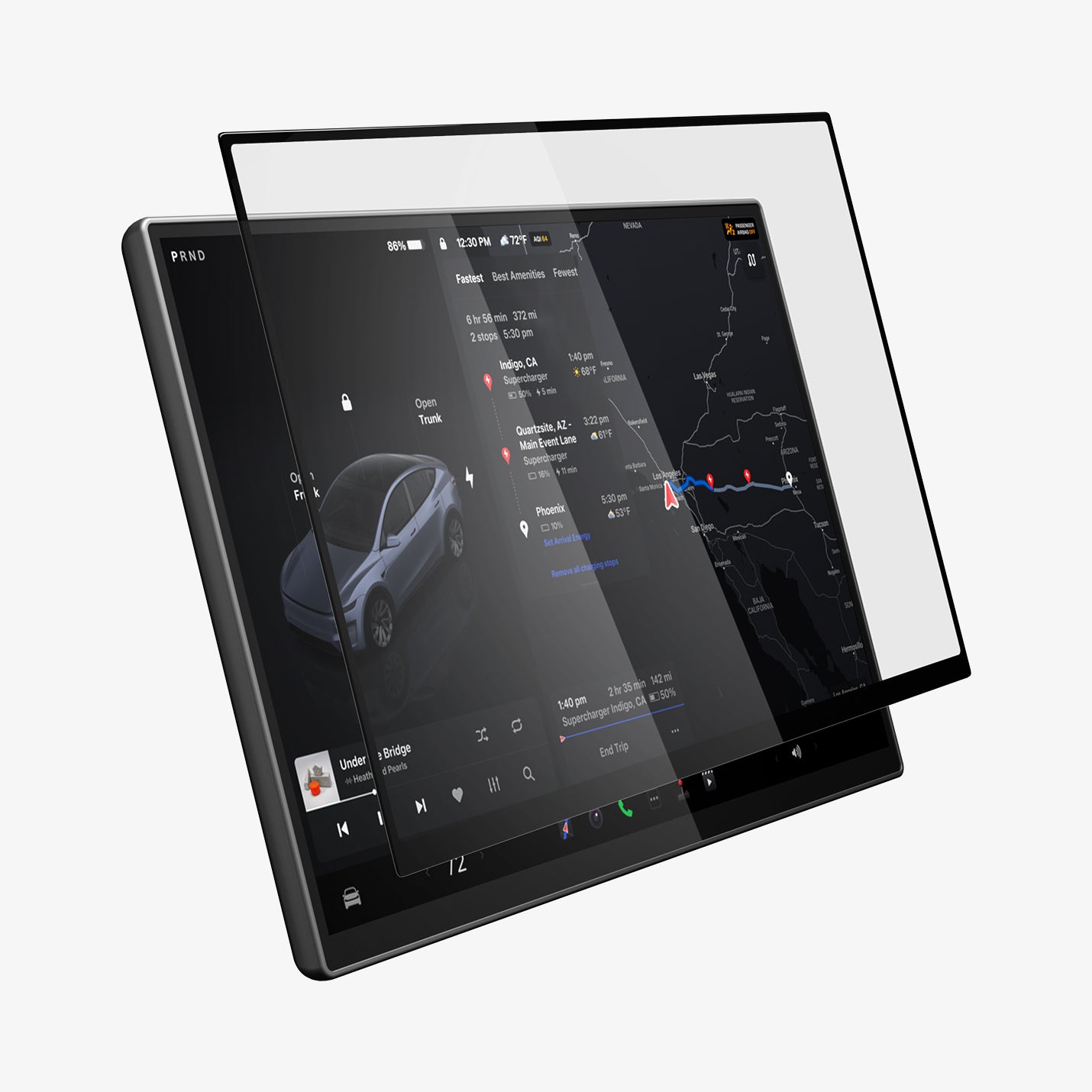 AGL10820 - Model Y Juniper (2025+) Screen Protector GLAS.tR EZ Fit | 16 inch showing the screen protector hovering in front of the screen monitor