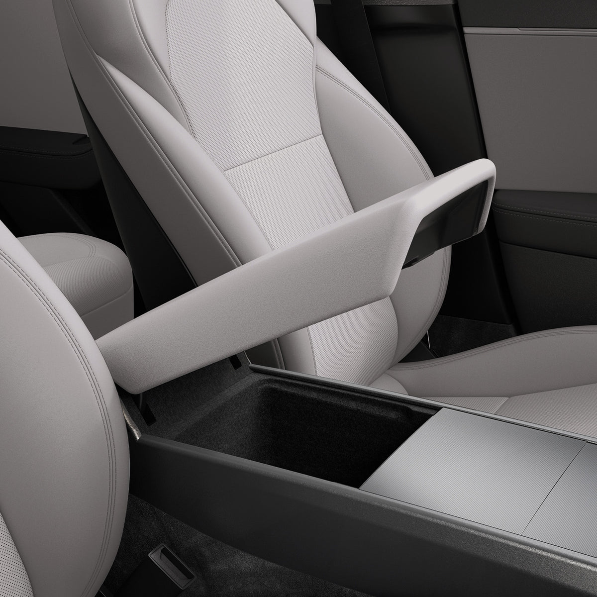 ACP12200 - Tesla Model Armrest Cover TO240H in Zen Gray showing the armrest cover lifted above the open center console storage compartment.