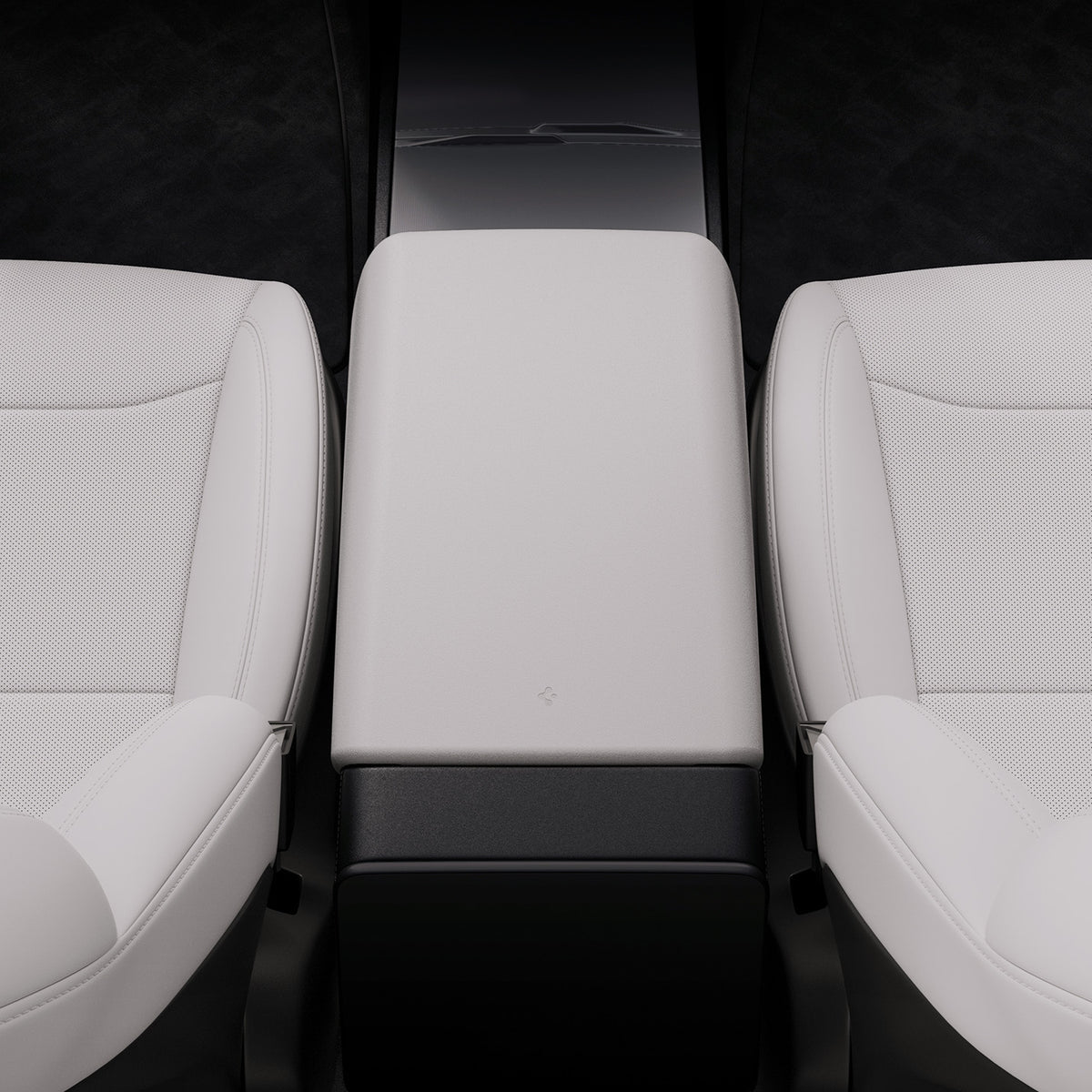 ACP12200 - Tesla Model Armrest Cover TO240H in Zen Gray showing the armrest cover installed between the two front seats from a top view.