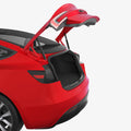 ACP11540 - 3D rendering of a red Tesla Model 3 with the trunk hatch open, showing the empty cargo area