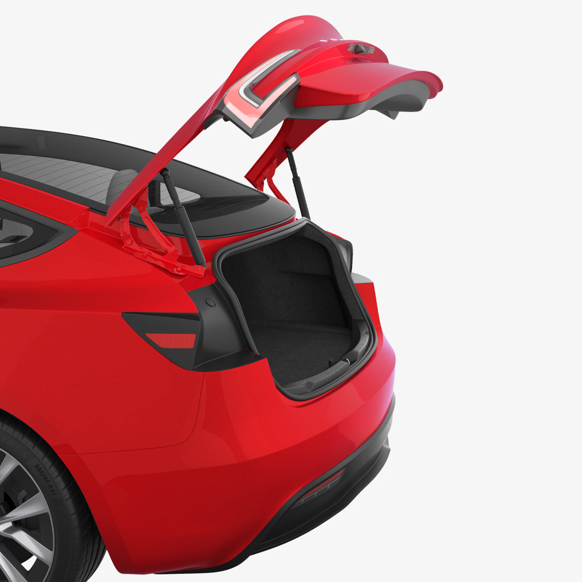 ACP11540 - 3D rendering of a red Tesla Model 3 with the trunk hatch open, showing the empty cargo area