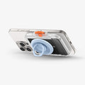 AFA07557 - MagSafe Card Holder Tintap (MagFit) in Frost Clear showing the back, partial side with propped up kickstand from the magring attached from the back of the card holder