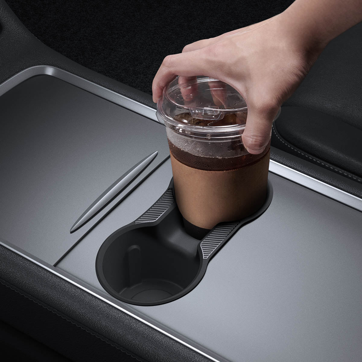 ACP07107 - Tesla Model 3 & Y Cup Holder Insert showing coffee being inserted