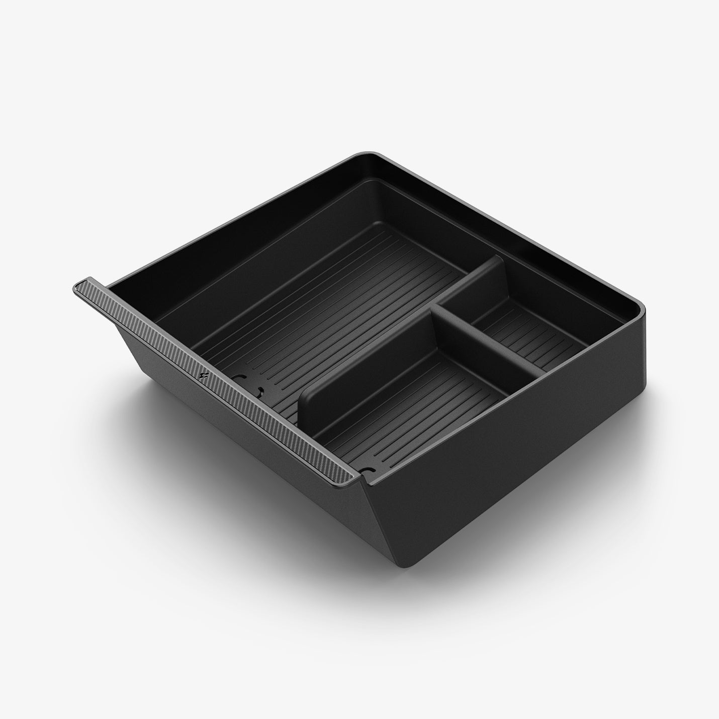 ACP07407 - Model 3 (2024) Center Console Organizer Tray TO220H in Black showing the inside, partial side and partial front of an organizer