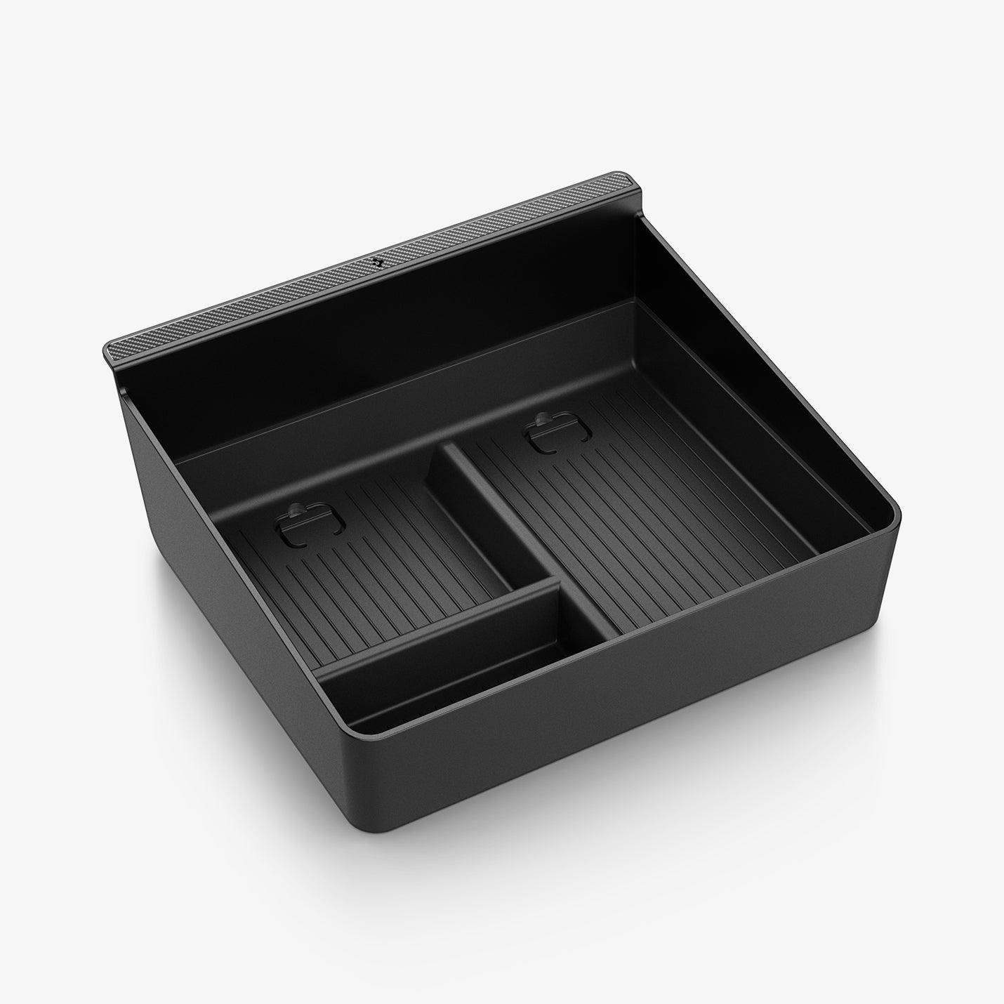 ACP07407 - Model 3 (2024) Center Console Organizer Tray TO220H in Black showing the inside, partial side and bottom of an organizer 