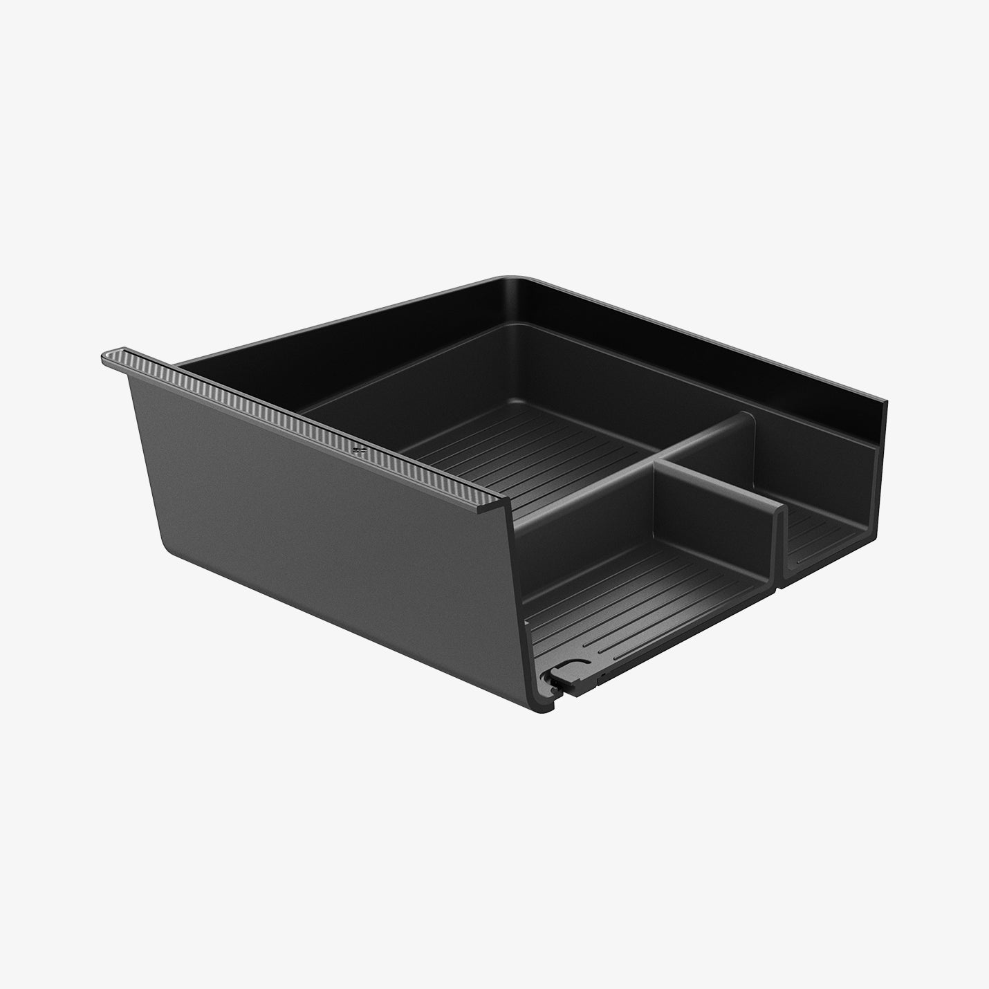 ACP07407 - Model 3 (2024) Center Console Organizer Tray TO220H in Black showing the front, partly inside cut in half