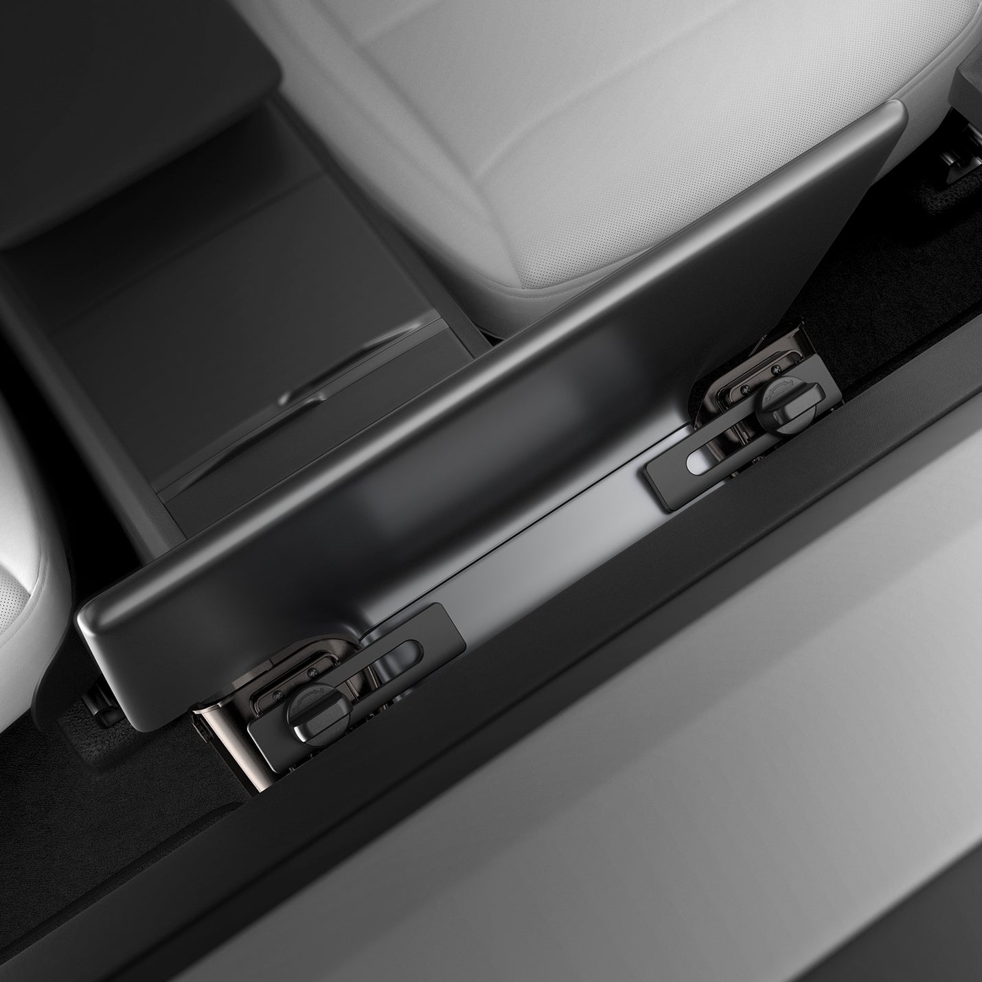 ACP11105 - Tesla Series - Under Screen Organizer | TO227JH showing under screen organizer mounted beneath Tesla center console seat rail from side angle