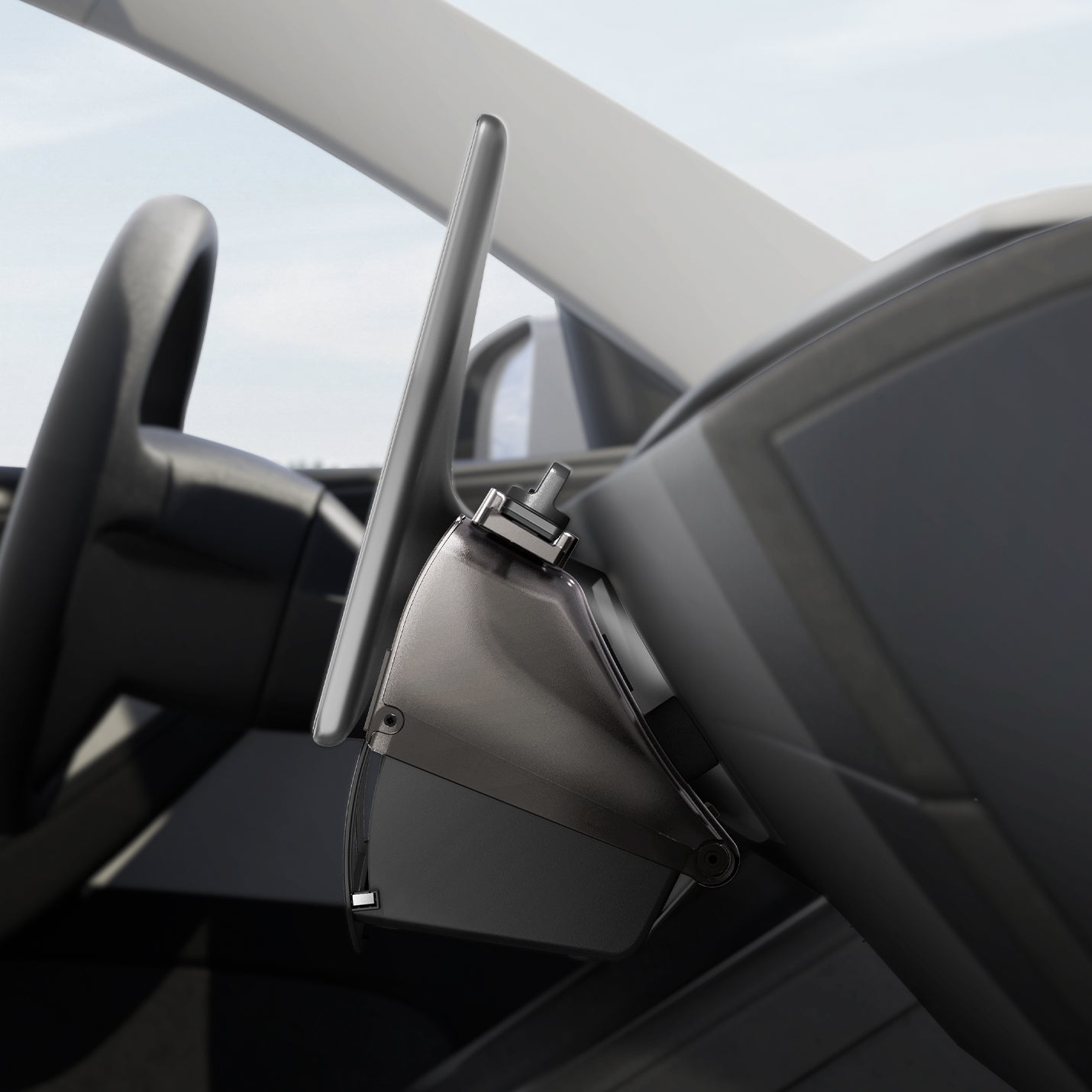 ACP11105 - Tesla Series - Under Screen Organizer | TO227JH showing organizer bracket clipped onto Tesla screen mount hinge from driver side view