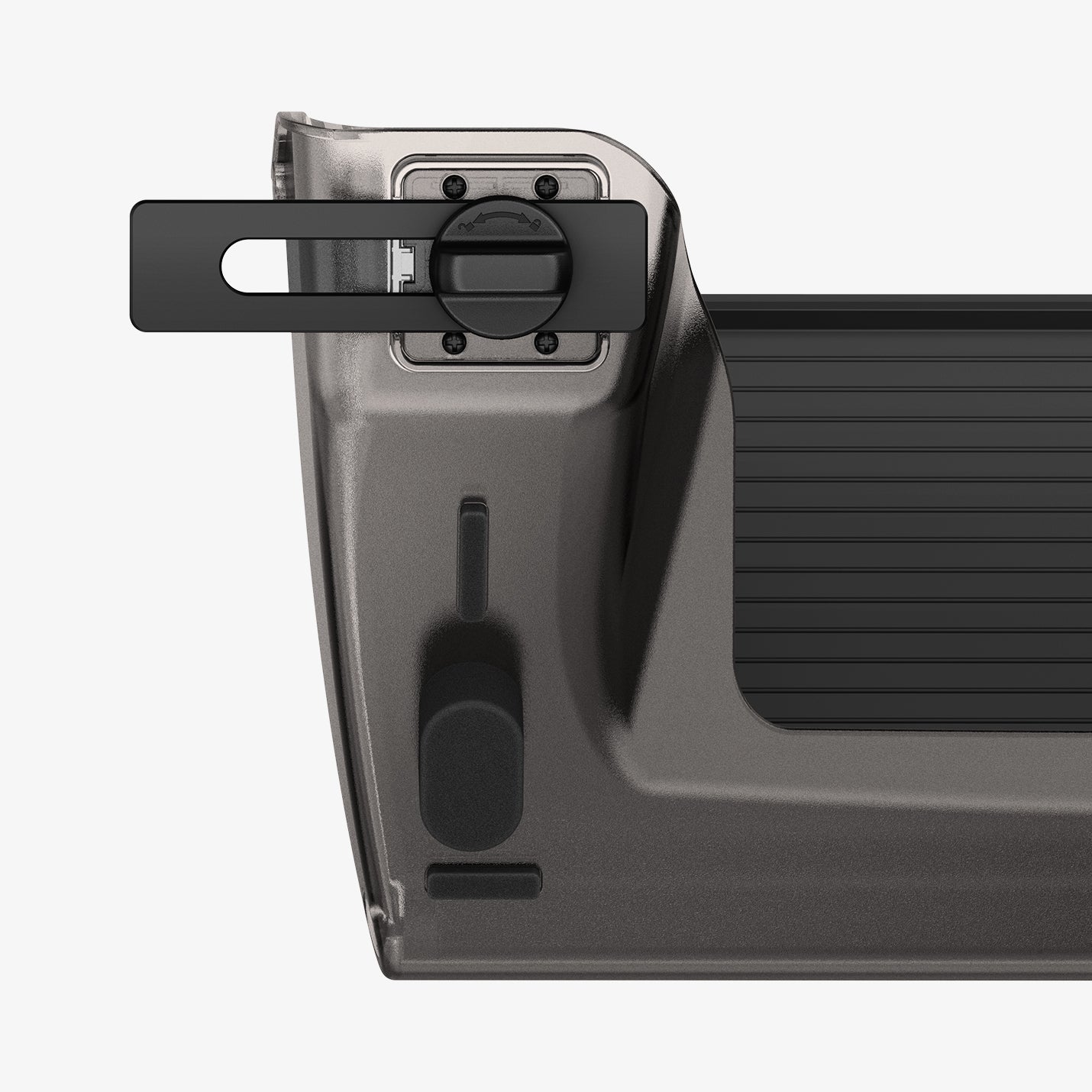 ACP11105 - Tesla Series - Under Screen Organizer | TO227JH showing close up of slide and twist locking bracket with adjustment slider on organizer side panel