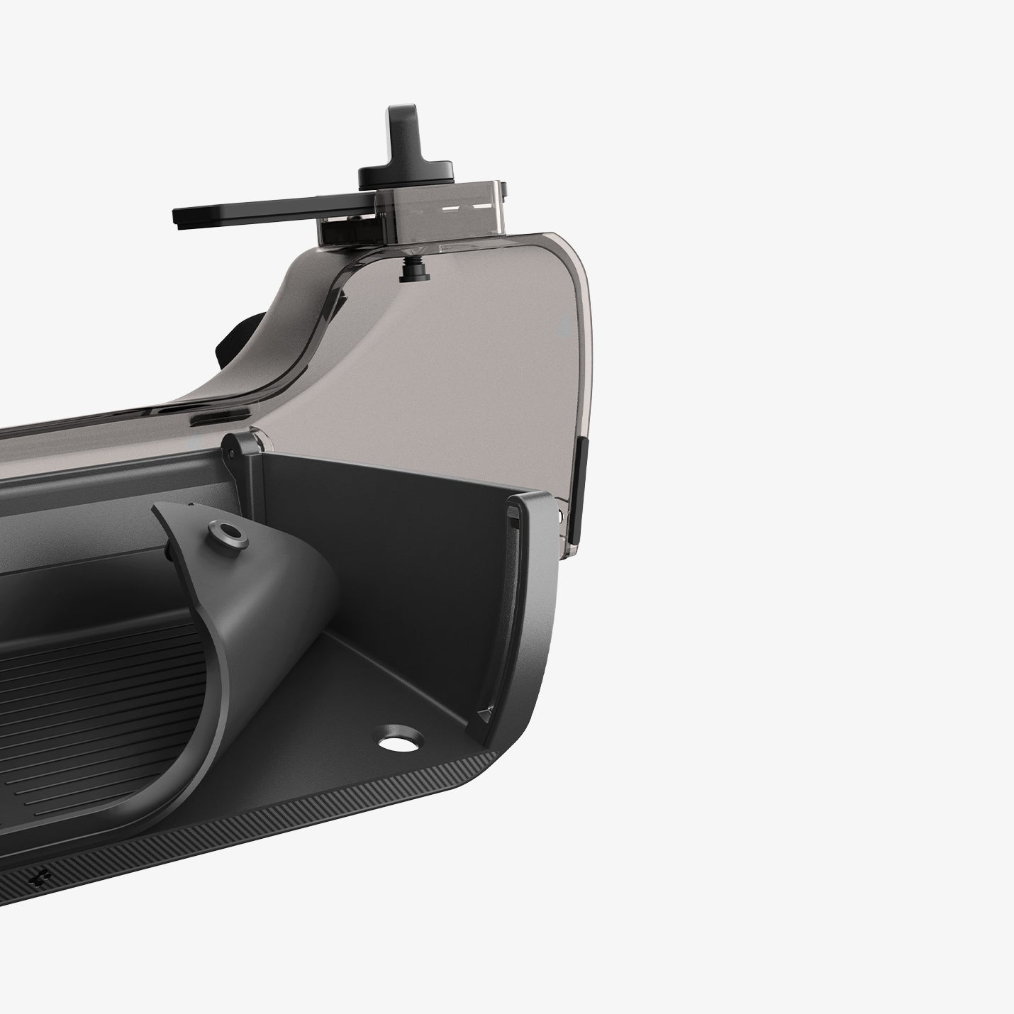 ACP11105 - Tesla Series - Under Screen Organizer | TO227JH showing close up of single mounting bracket with twist knob and slide rail on organizer corner