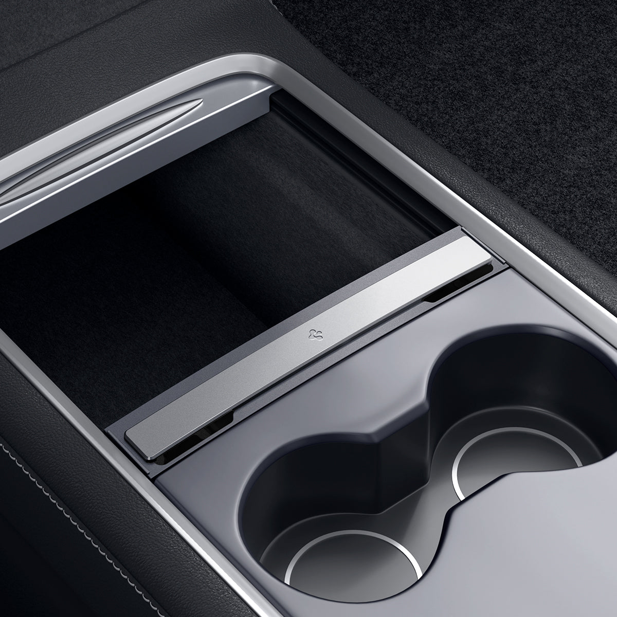 ACP07085 - Tesla Model Y & 3 Cable Organizer Station TO271 in Dark Silver showing the installed cable organizer cover closed
