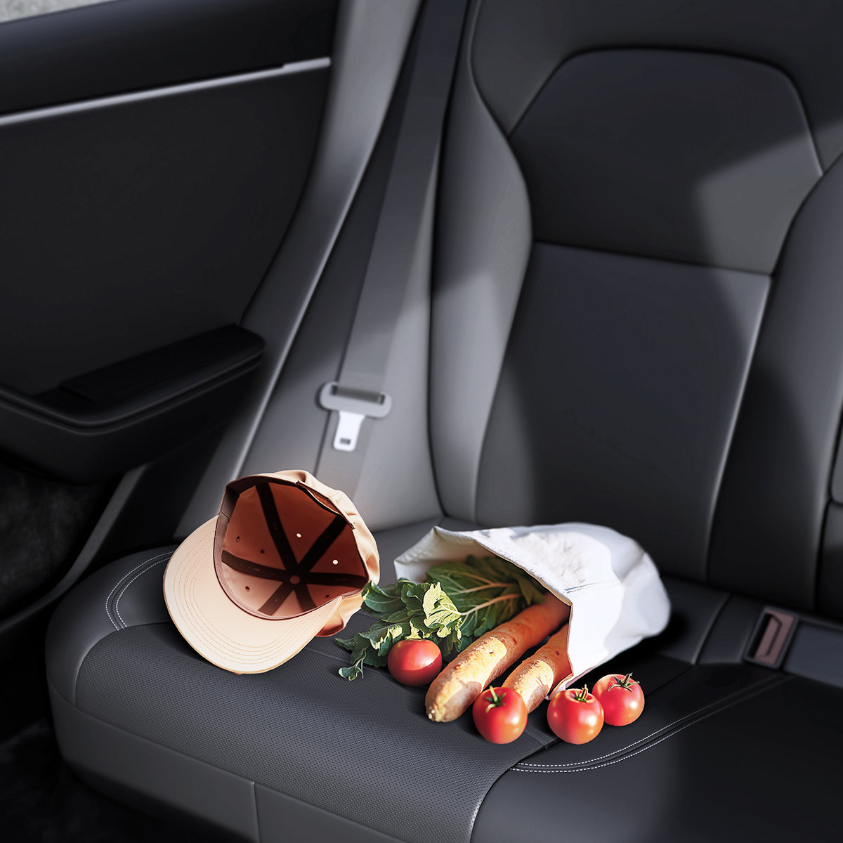 ACP09201 - Tesla Model 3 (2017-2023) Car Seat Hook TO283 in Black showing the messy stuff on the back seat