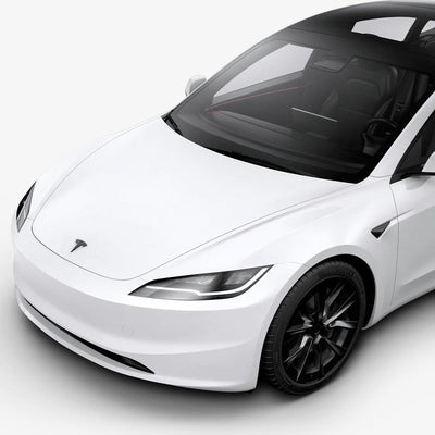 ACP08547 - Tesla Model 3 Highland Front Emblem Logo Cover TO321H in Black showing the attached to the front of the tesla car on a side view