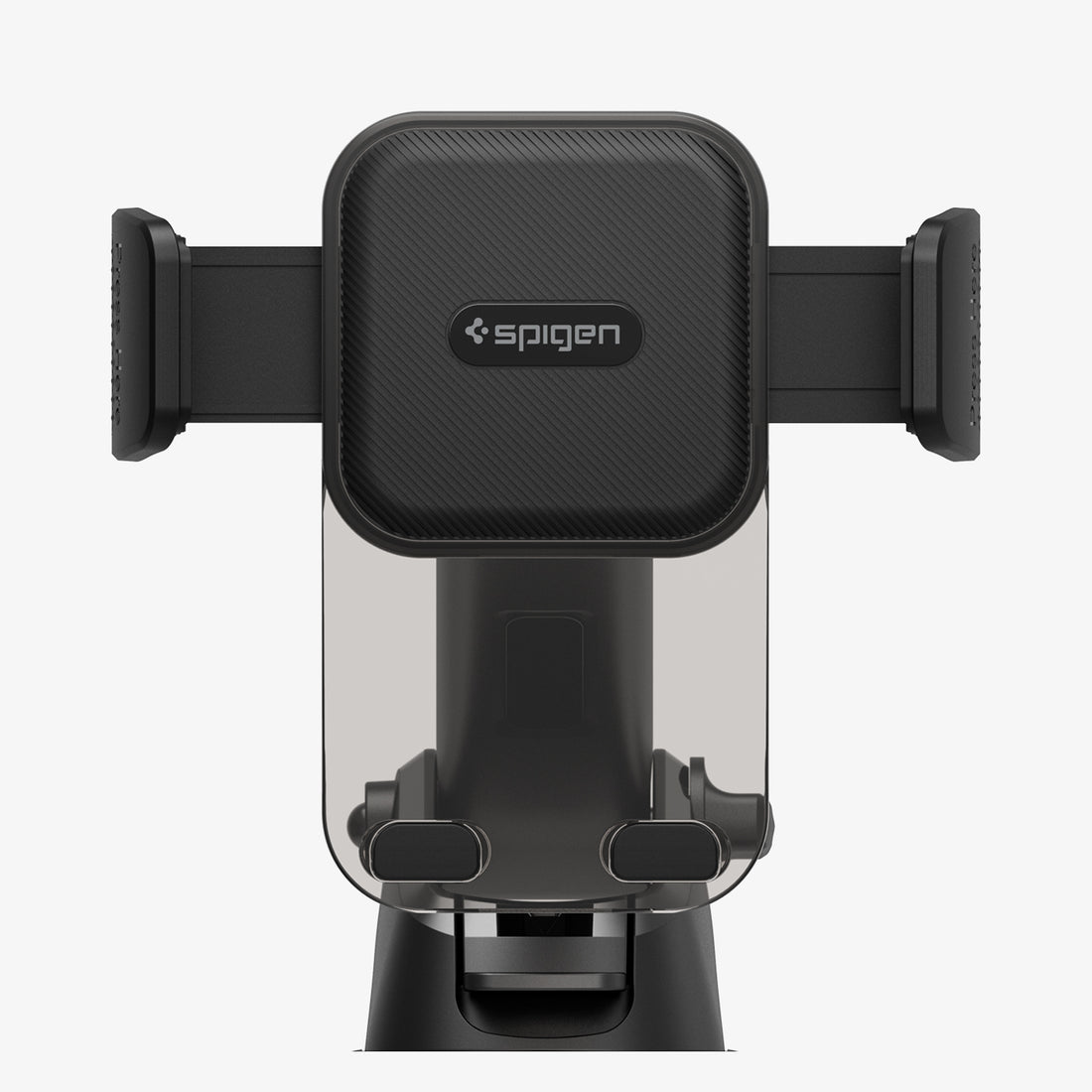 ACP08312 - Universal Dashboard Car Mount | TS35-1 showing front close-up render of car mount head with textured diagonal grip pad Spigen logo silicone padded bracket arms and bottom foot supports