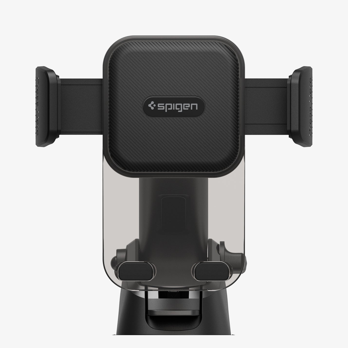 ACP08312 - Universal Dashboard Car Mount | TS35-1 showing front close-up render of car mount head with textured diagonal grip pad Spigen logo silicone padded bracket arms and bottom foot supports