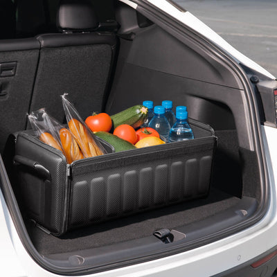 ACP08855 - Trunk Organizer TSO100 in Black showing the front and partial side inside the car's trunk with groceries