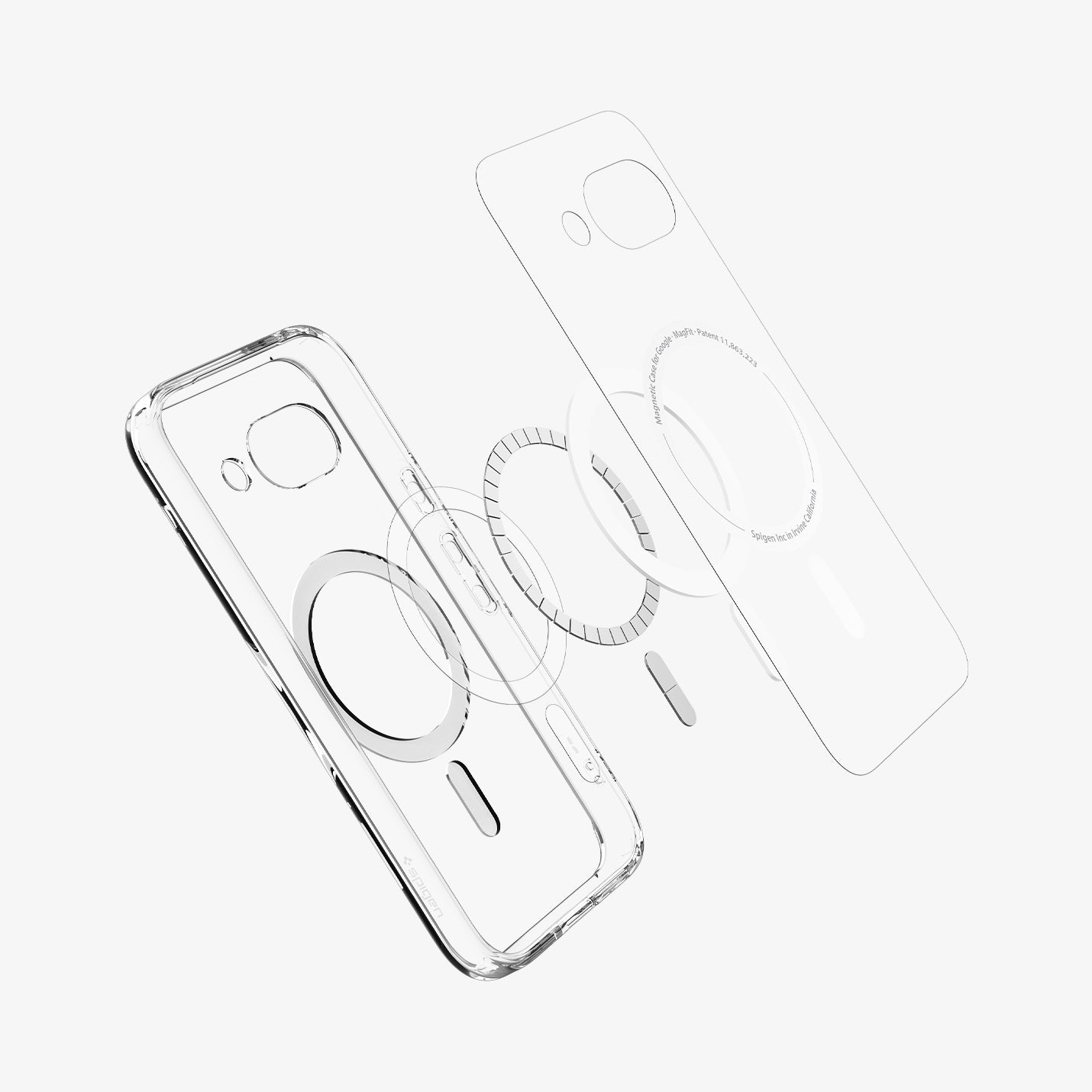 ACS09043 - Pixel 9a Case Ultra Hybrid Metal Ring (MagFit) in Clear White showing the inner layer hovering in front of the detached metal ring parts and the case
