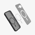 ACS09045 - Pixel 9a Case Ultra Hybrid Metal Ring (MagFit) in Frost Black showing the inner layer hovering in front of the detached metal ring parts and the case