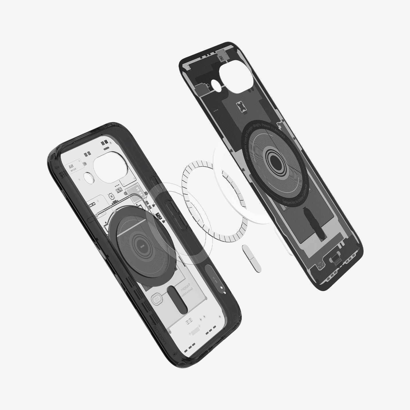 ACS09044 - Pixel 9a Case Ultra Hybrid Zero One showing the inner layer hovering above the detached parts of metal ring  and the case