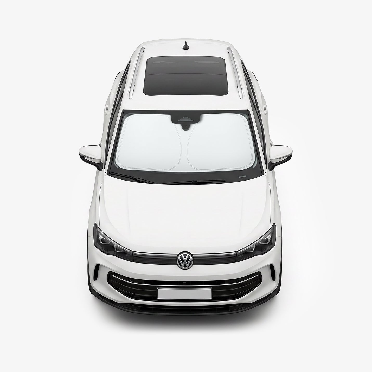 ACP11460 - Universal CryoShade UO260 M showing sunshade installed inside windshield of white volkswagen sedan viewed from front exterior