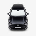 ACP11459 - Universal CryoShade UO260 S showing sunshade installed inside windshield of black volkswagen sedan viewed from front exterior