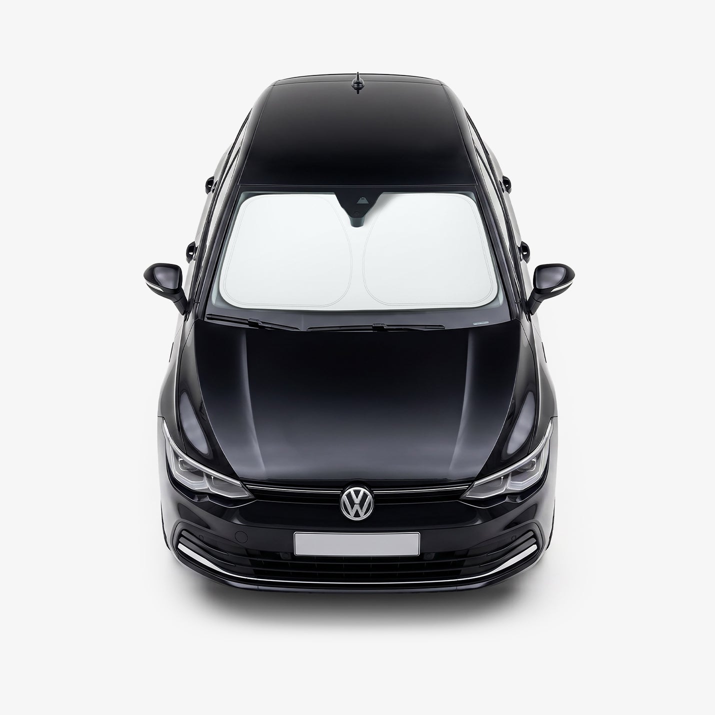 ACP11459 - Universal CryoShade UO260 S showing sunshade installed inside windshield of black volkswagen sedan viewed from front exterior