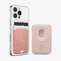 AFA07424 - MagSafe Card Holder Urban Fit (MagFit) in Rose Gold showing the device with a card holder attached and 3 cards inserted beside it, a card holder showing its back