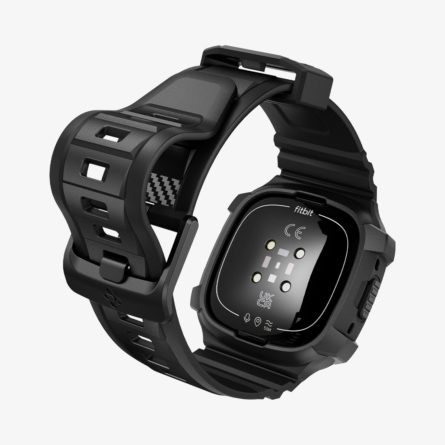 ACS05296 - Fitbit Versa 4 Band Rugged Armor Pro in black showing the back and inside of band