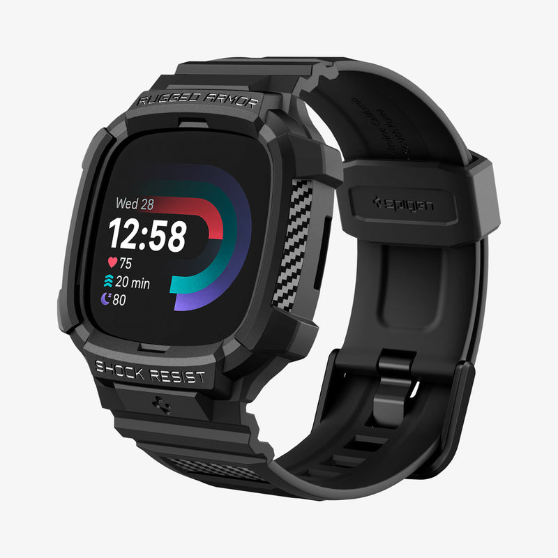 ACS05296 - Fitbit Versa 4 Band Rugged Armor Pro in black showing the front and partial inside of band