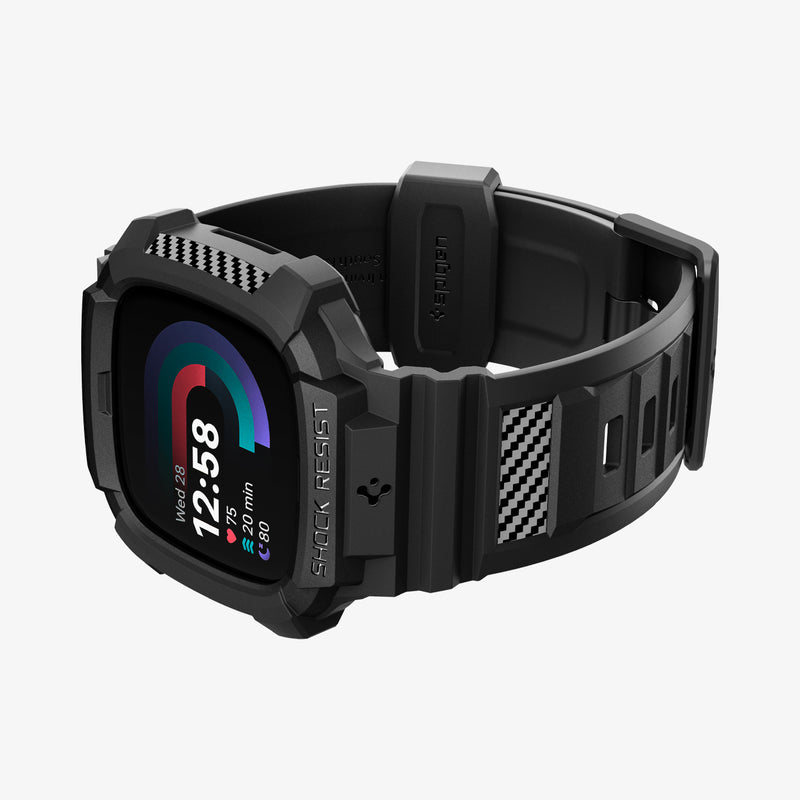 ACS05296 - Fitbit Versa 4 Band Rugged Armor Pro in black showing the front, bottom and inside of band
