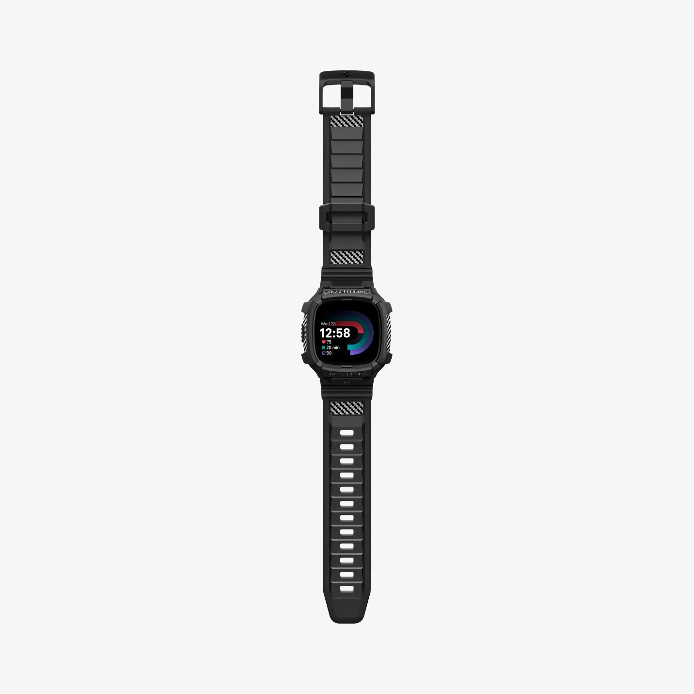 ACS05296 - Fitbit Versa 4 Band Rugged Armor Pro in black showing the front with watch band laid out flat
