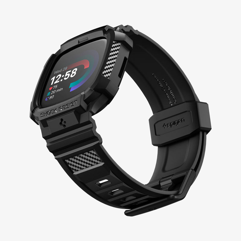 ACS05296 - Fitbit Versa 4 Band Rugged Armor Pro in black showing the front, side, and bottom