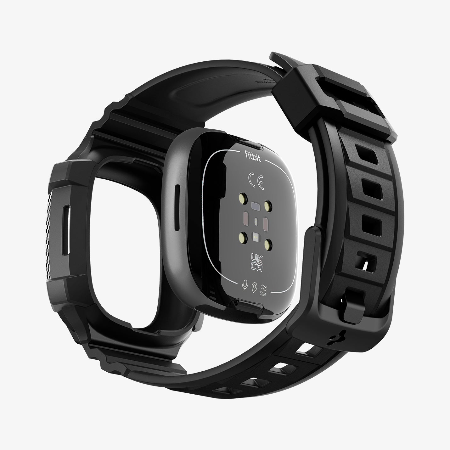 ACS05296 - Fitbit Versa 4 Band Rugged Armor Pro in black showing the back with watch face hovering away from the band