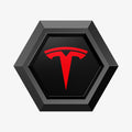 ACP11371 - Universal Tire Valve Stem Cap | VS100TS/R in Red showing a close-up of the black hexagonal cap top with glossy inlay and bold red Tesla logo.