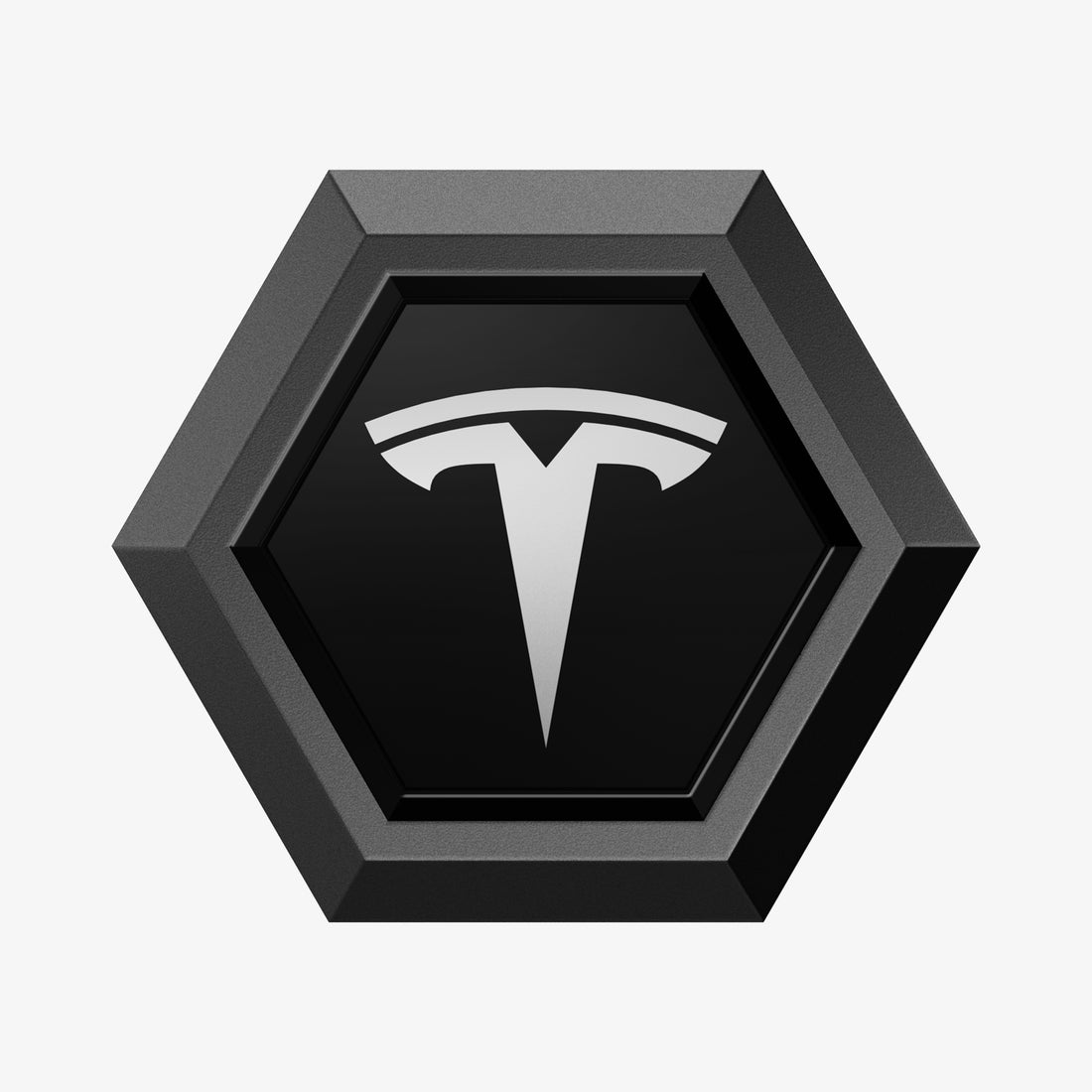 ACP11370 - Universal Tire Valve Stem Cap | VS100TS/R in silver showing a top view of the hexagonal cap with a glossy black center and Tesla logo.