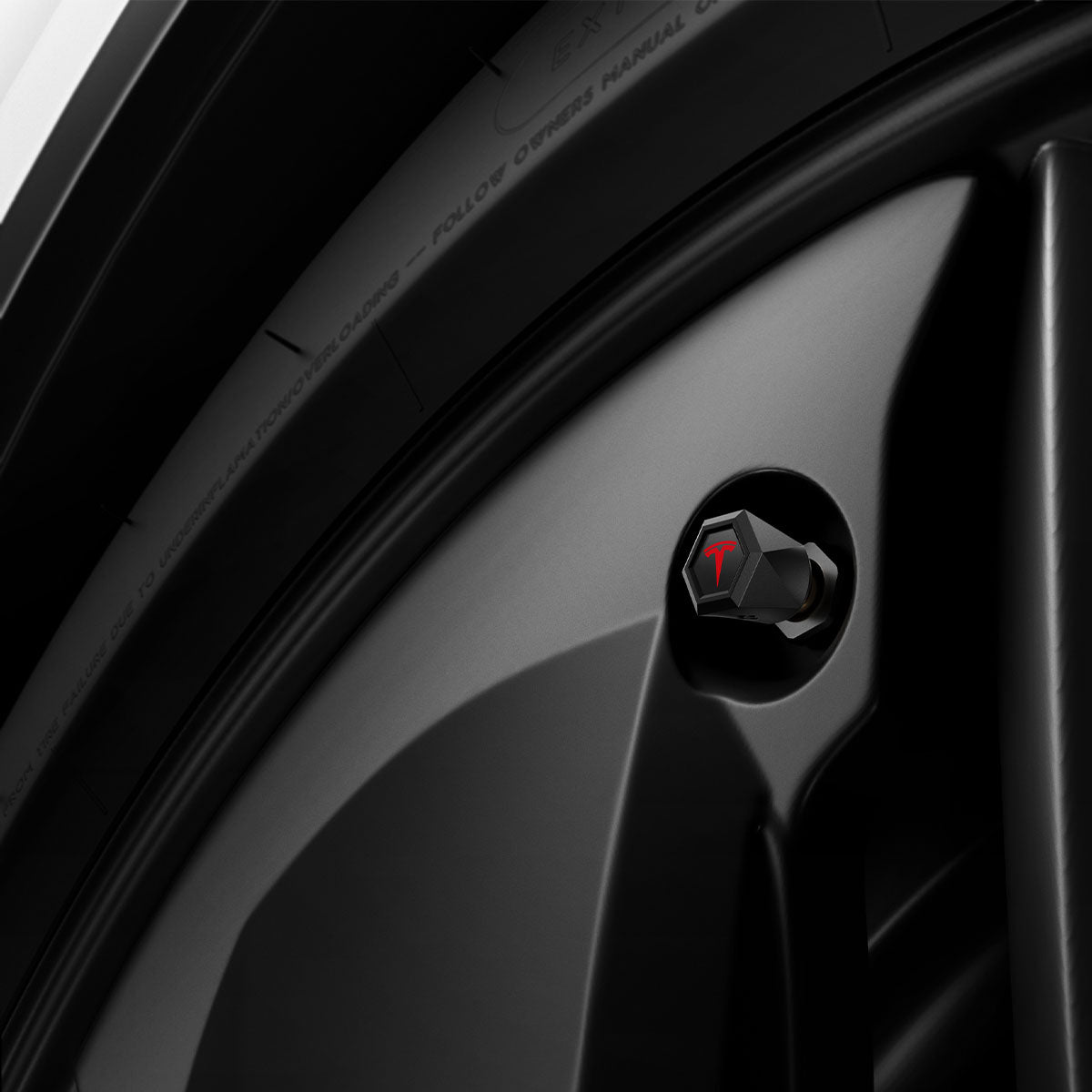 ACP11370 - Universal Tire Valve Stem Cap | VS100TS/R in silver installed on a wheel, featuring a hexagonal cap with a red Tesla logo accent.