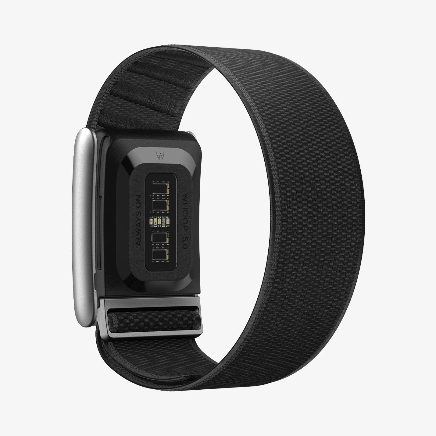 AMP10187 - WHOOP 5.0 fabric band black rear view showing sensor module mounted in Spigen band with woven exterior ribbed interior and metal clasp for secure fit