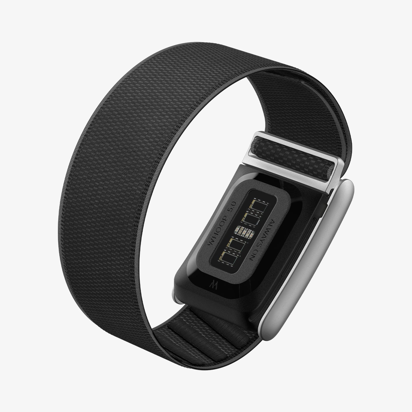 AMP10187 - WHOOP 5.0 fabric band black angled rear view showing integrated sensor module adjustable woven fabric strap and metal clasp