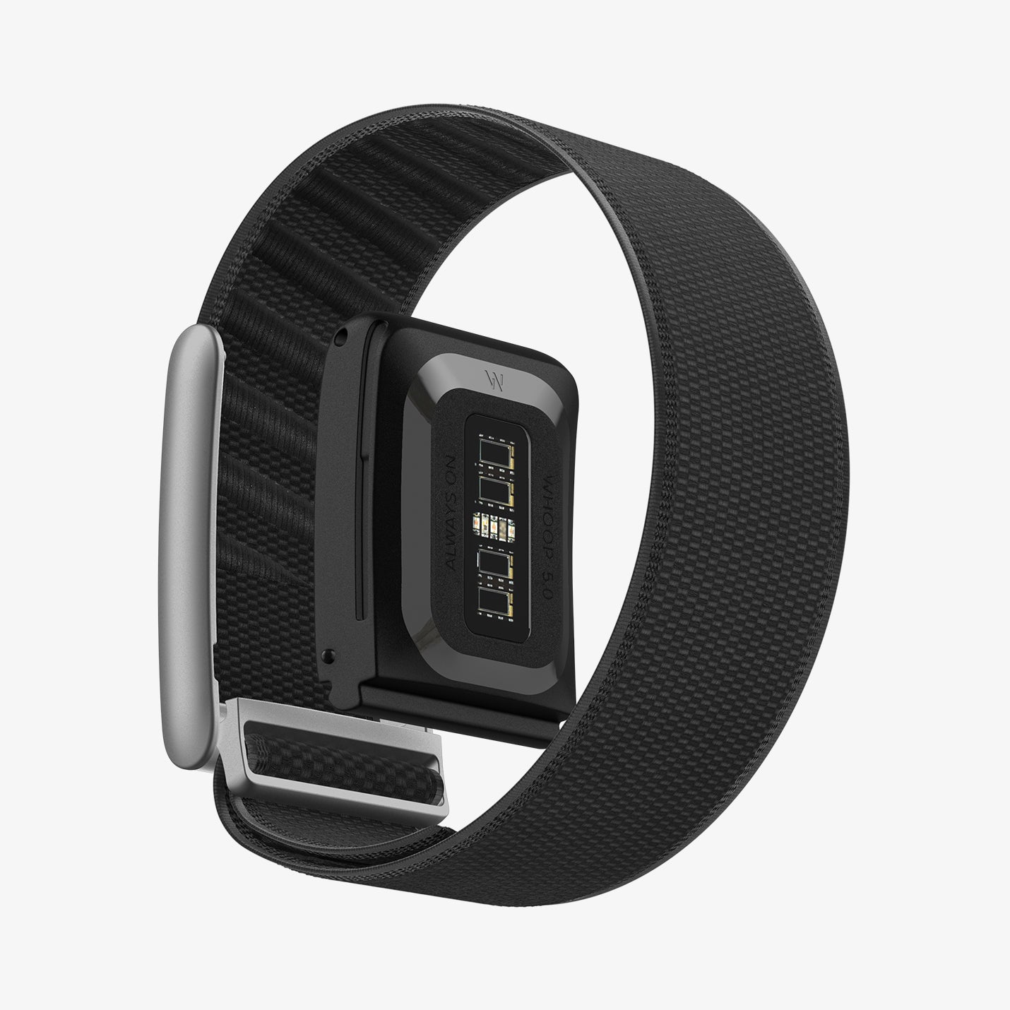 AMP10187 - WHOOP 5.0 fabric band black showing rear sensor view with adjustable woven nylon strap and metal buckle