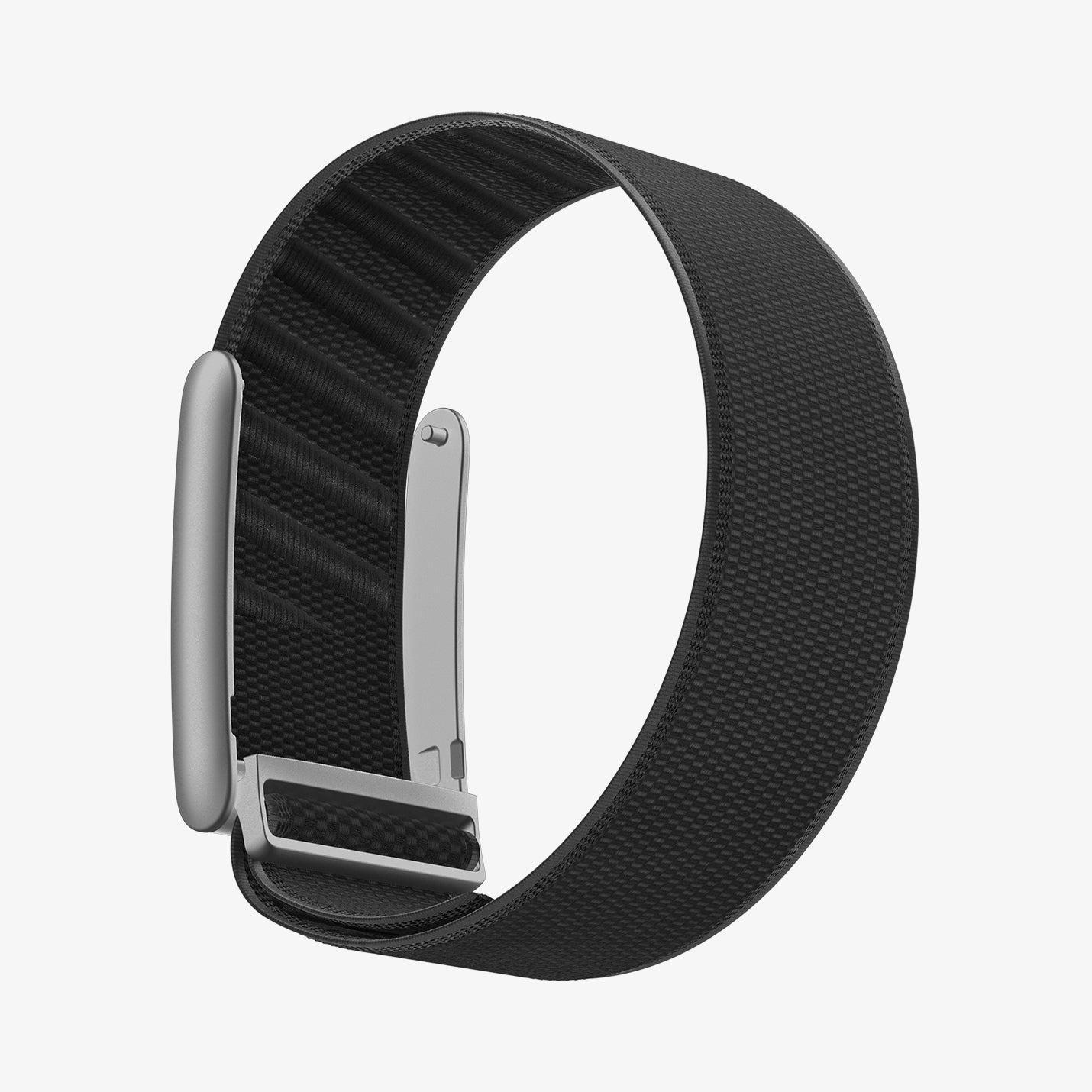 AMP10187 - WHOOP 5.0 fabric band black side angle showing open metal clasp lightweight woven strap and adjustable closure mechanism